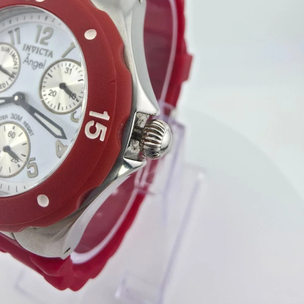 INVICTA 'Angel' Ladies Watch Diver Unidirectional Bezel Red Silicone Band 8